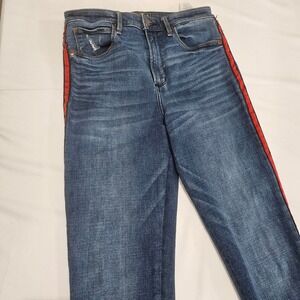 Abercrombie & Fitch Simone High Rise Ankle Jeans 28/6R Blue Red Side Stripe Hem